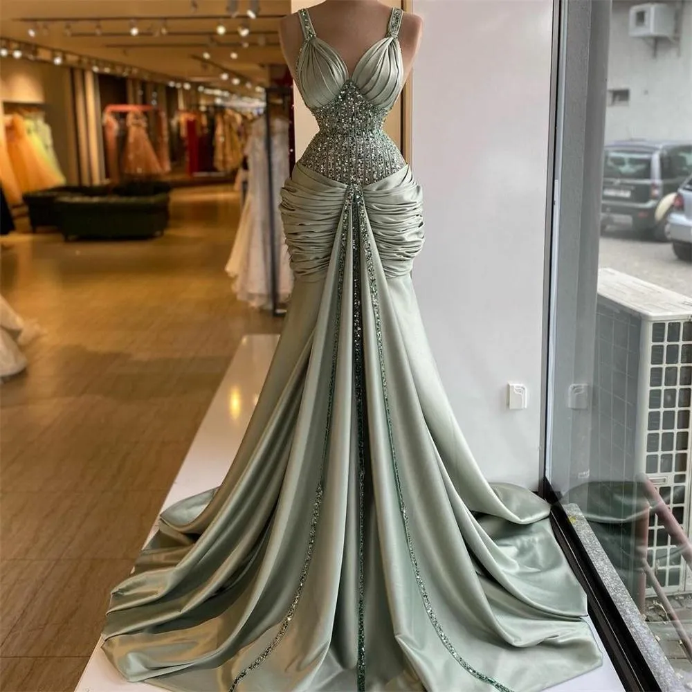 Satin Mermaid Prom Dresses Sequined Pleats Plus Size Evening Gowns Custom Made