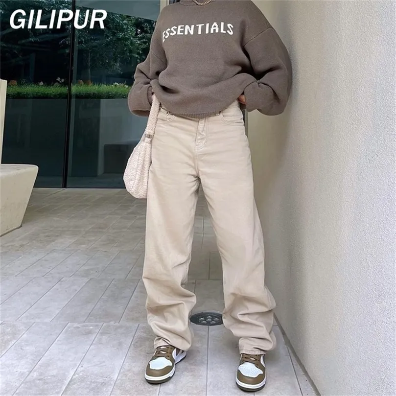 Beige Women Jeans Spring Autumn Winter Fashion Streetwear Denim Casual Low Waist Loose Straight Pants White Vintage Baggy Jeans 220701