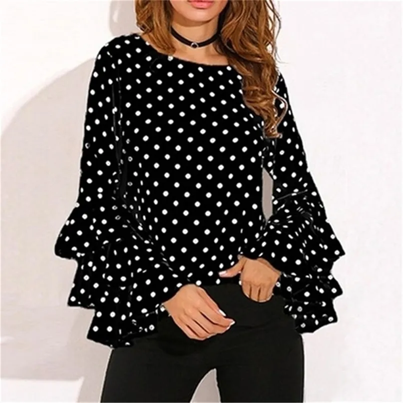 Koszule kobiet w kropki Spring Fashion O Neck Bluzka z długim rękawem Femininas Casual Black and White Topss Plus Size Shirt 220623