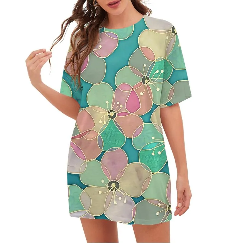 Moda de camiseta feminina Mulheres de flores coloridas Padrão 3D de manga curta longa camiseta solta camiseta de verão tops casuais