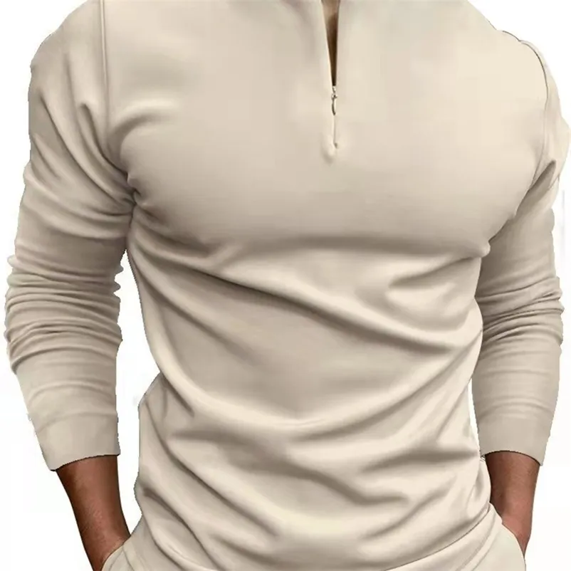 Men's Casual Polo Shirt Khaki Collarless Long Sleeve Zipper Design Top Harajuku Men Streetwear Men's Fashion S-3XL 220707