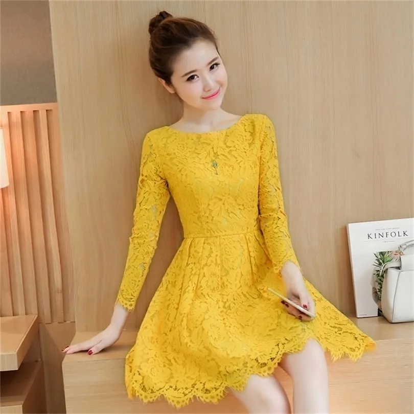 Autumn Winter New Vintage Black Sexy Lace Mini Dresses Korean Women Elegant BodyCon Pink Short Dress Party Yellow Vestidos 201008