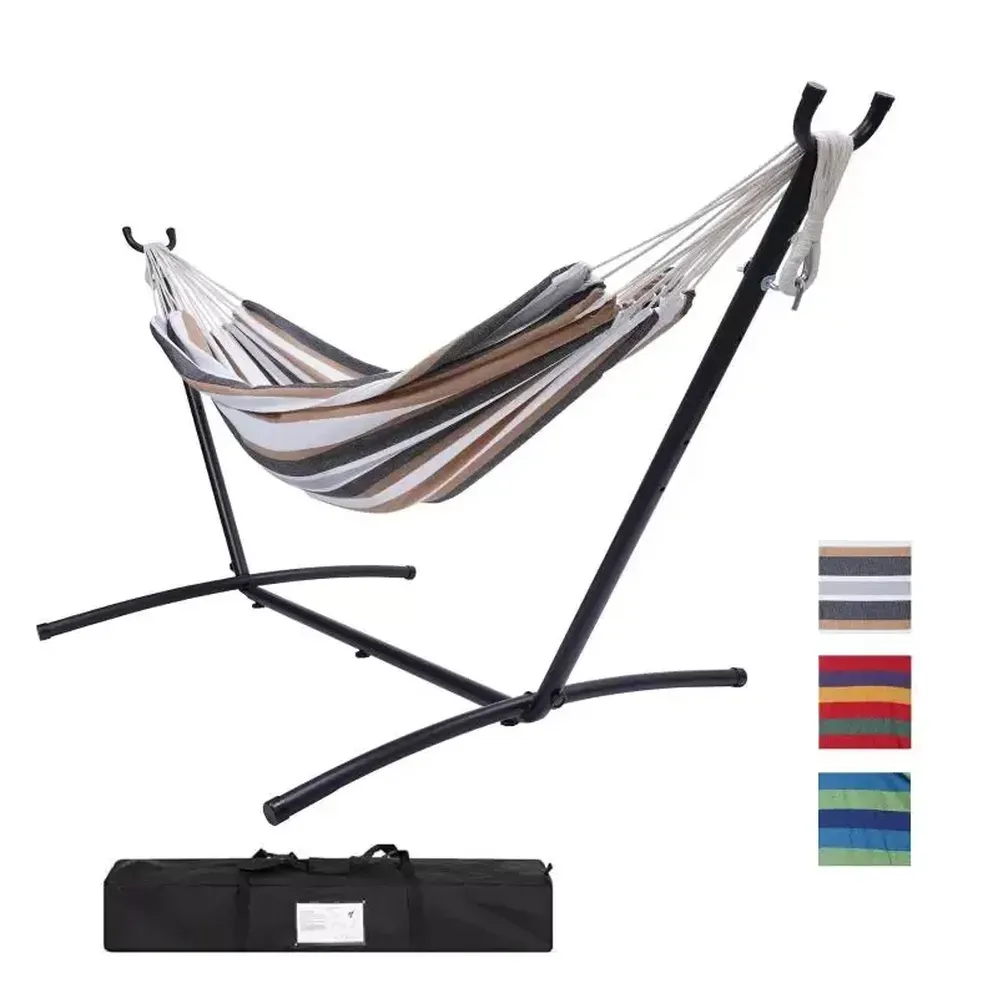 US Stock Double Classic Hammock with Stand for 2 Person-Indoor or Outdoor Use-with Carrying Pouch-Powder-coated Steel Frame W41930053