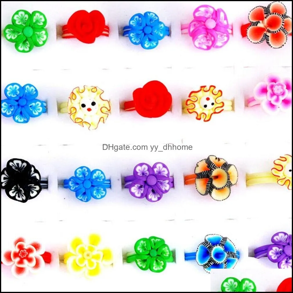 50pcs wholesale mixed kids flower rings colorful polymer clay band ring