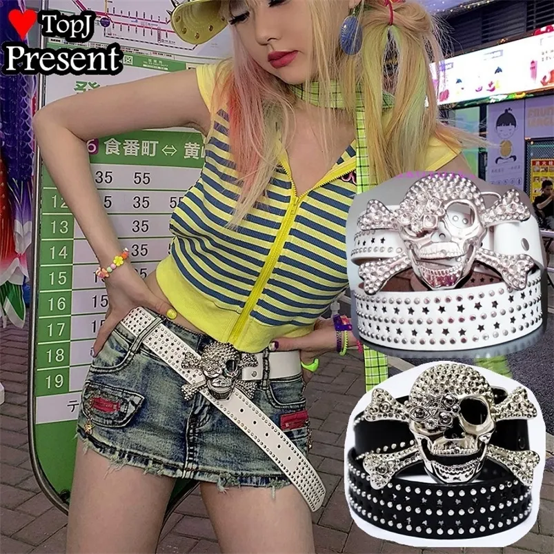Gothic Harajuku Punk Lady Men Belts Rivet Women hip pop Strap Vintage Woman skull bling gift 220712