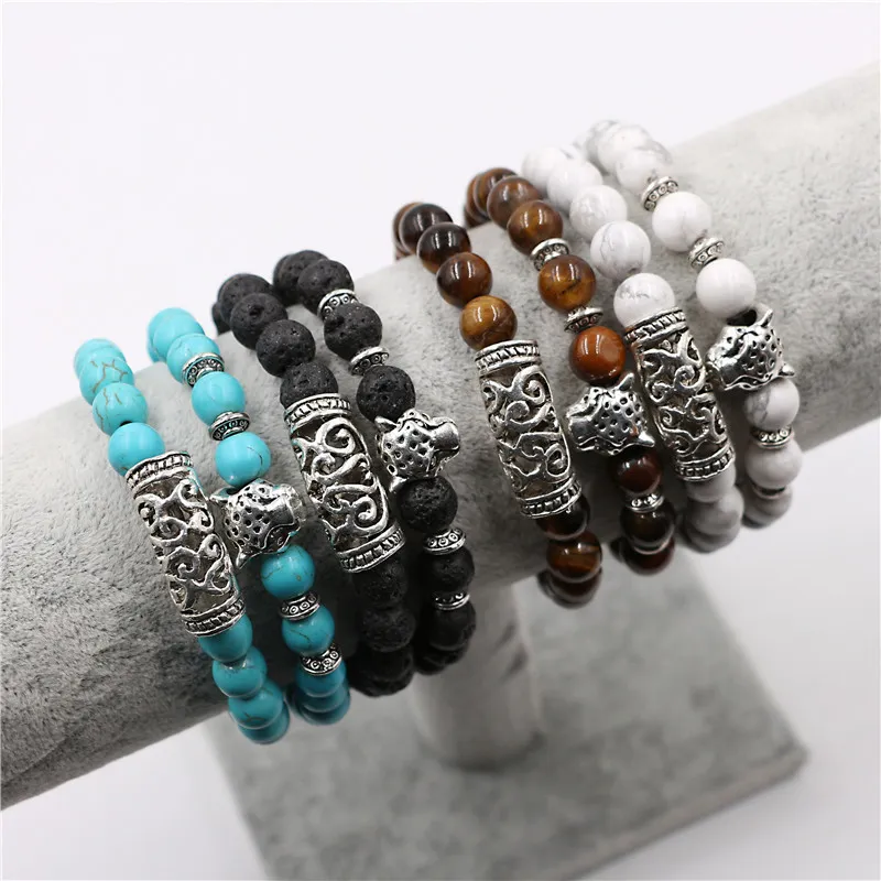 2pcs/set Leopard Head Charm bracelets Turquoise Lava rock Tiger eye Yoga Natural stone beaded strands Bracelet bangle cuff for women men fashion jewelry gift