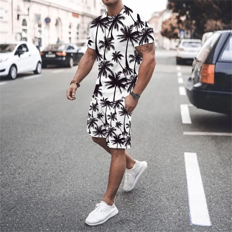 Summer Fashion Men s 2 Piece Set Tracksuits Casual Short Sleeves Maple Leaf 3D Print T shirt shorts Pants Suits Male Clothes 220719