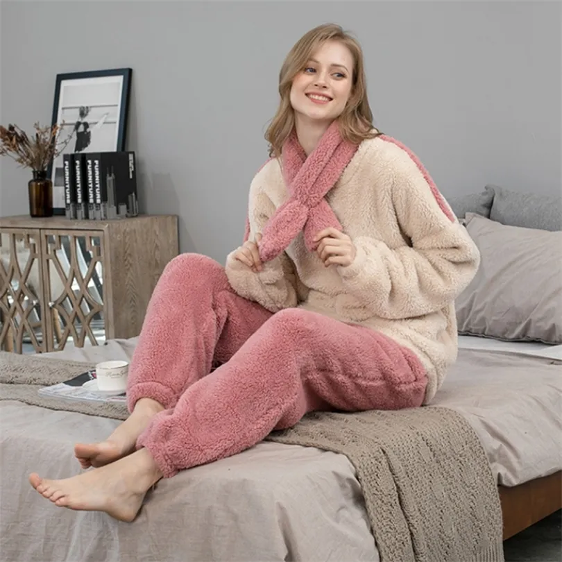 Fleece-Pyjama-Set für Damen, solide Langarm-Winter-Terry-Damen-Pijama-Anzug, 2 Stück mit Hosen, dicke warme Heimkleidung, weiblich 220329