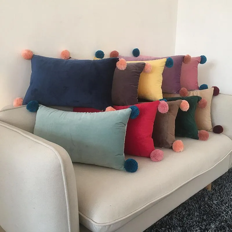 Almofada/travesseiro decorativo retângulo sólido super macio de veludo de veludo bola de lã de 10 colorido decoração de casa almofadas de luto de luto de bedmol