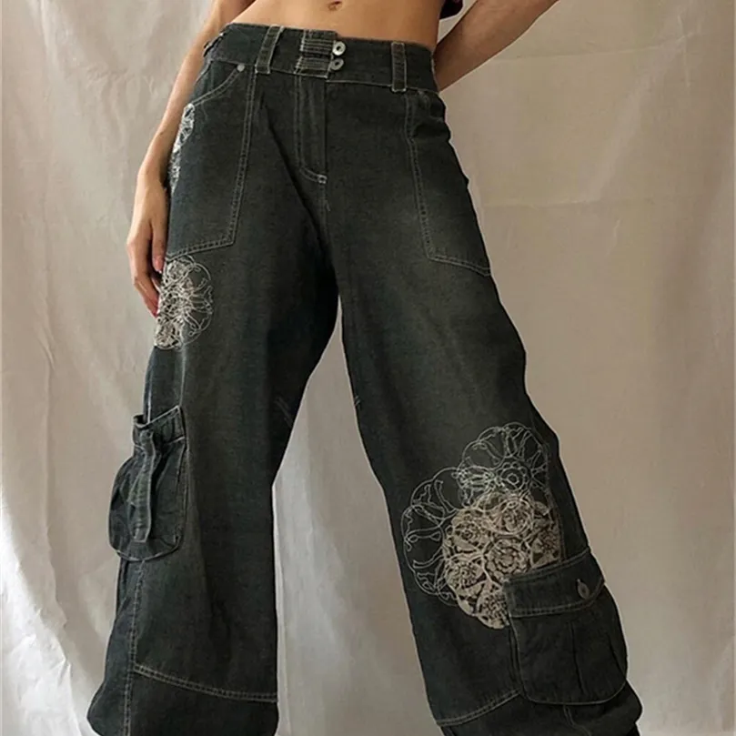 Rétro graphique imprimé Y2K Baggy Jeans Grunge Fairycore taille haute Cargo Denim pantalon Streetwear pantalon de survêtement décontracté Cuteandpsycho 220815