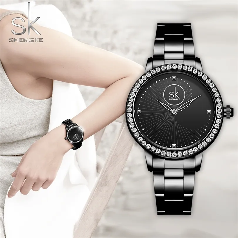 Shengke New Fashion Women Watches Black Armband Quartz Ladies Watches Crystal Luxury Style Erkek Kol Saati Zegarek Damski 201114