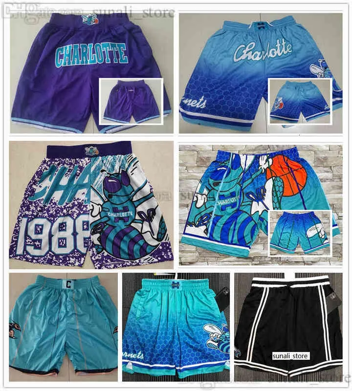 2022 Charlotte''HornetS''Mens Retro Basketball Shorts com bolsos calças de moletom de zíper Larry Johnson Alonzo Mourning Lamelo Ball4aey