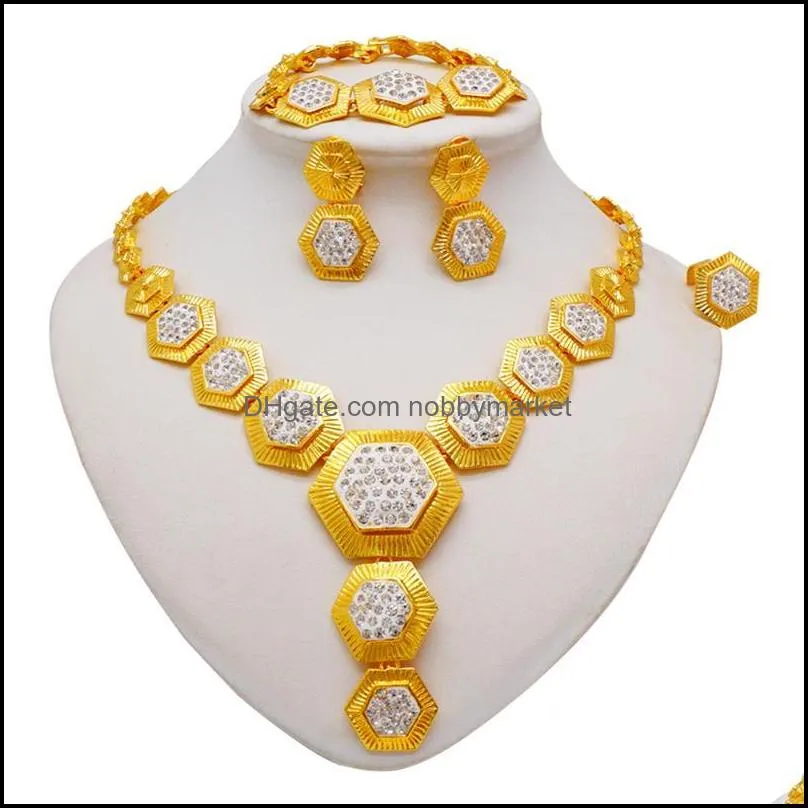 Earrings & Necklace Dubai Gold Color Jewelry Sets For Women Luxury Hexagon Bracelet Ring India African Wedding Ornament Wife Gifts