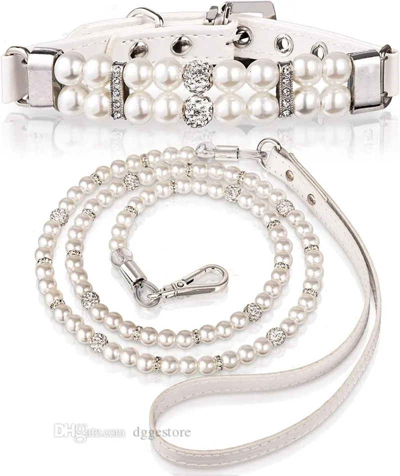 parel halsbanden riemen set kristal strass diamant decoratie puppy kat kristallen halsbanden PU-leer halsband ketting voor bruiloft verjaardag dagelijks wit M B143