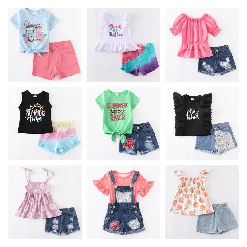 Girlymax Summer Baby Girls Jeans Denim Shorts Kids Set Daisyひまわりピーチヒョウ総合スパンコール