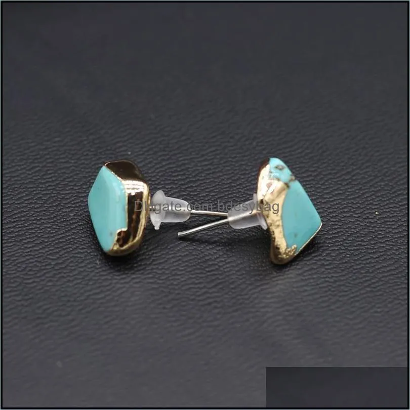 stud fashion natural crystal earrings for women gold color blue turquoise rose quartz jewelry gift girlfriend wifestud