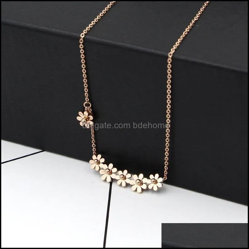 titanium steel flower pendant necklace for women girls adjustable sanding link chain necklace lovely rose gold jewelry