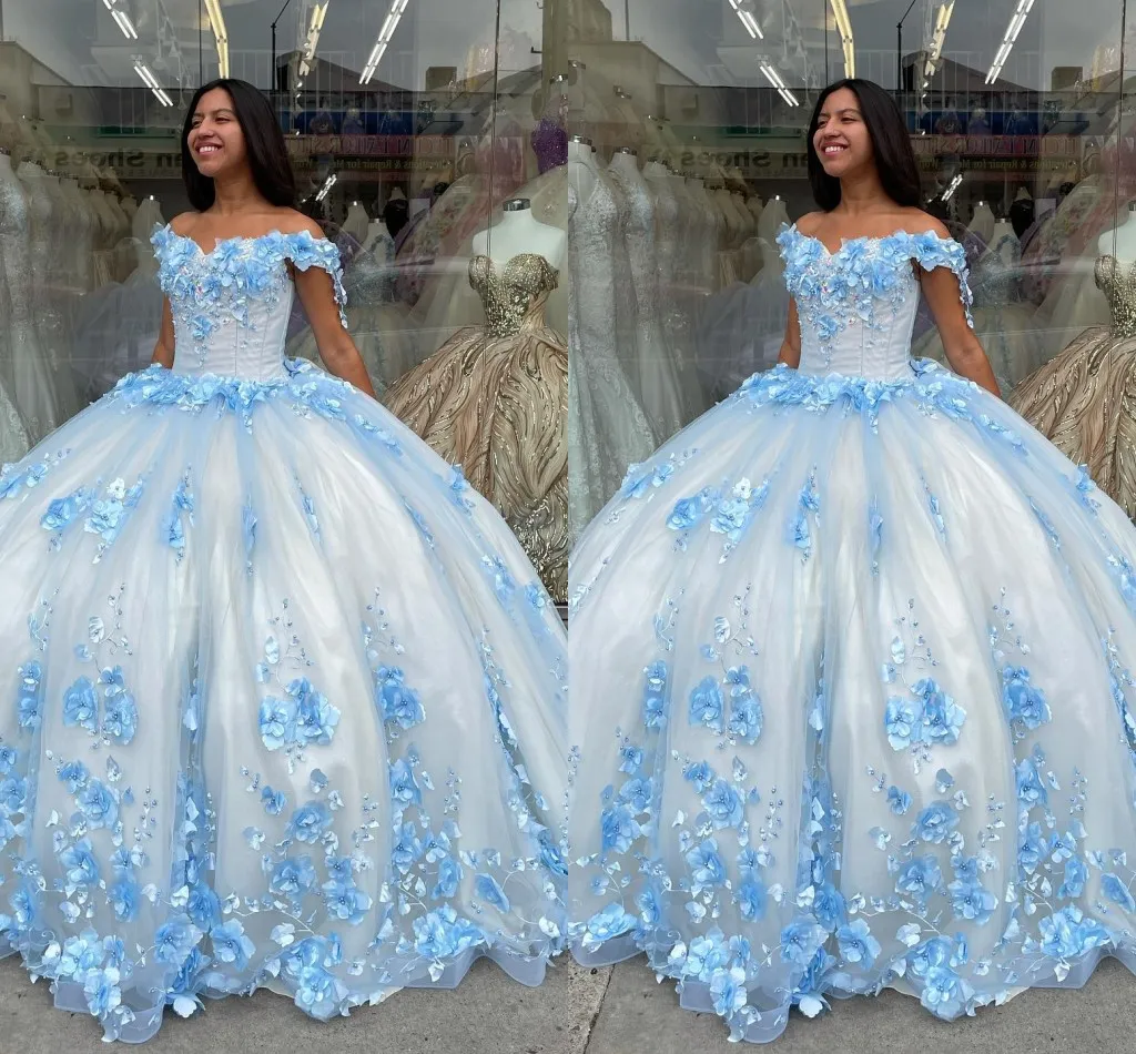 2022 Quinceanera-Kleider mit Blumenmuster, Perlenapplikation, Blumen, 3D-langer Zug, schulterfrei, Champagner-Futter, Sweet-16-Kleid, Ballkleid