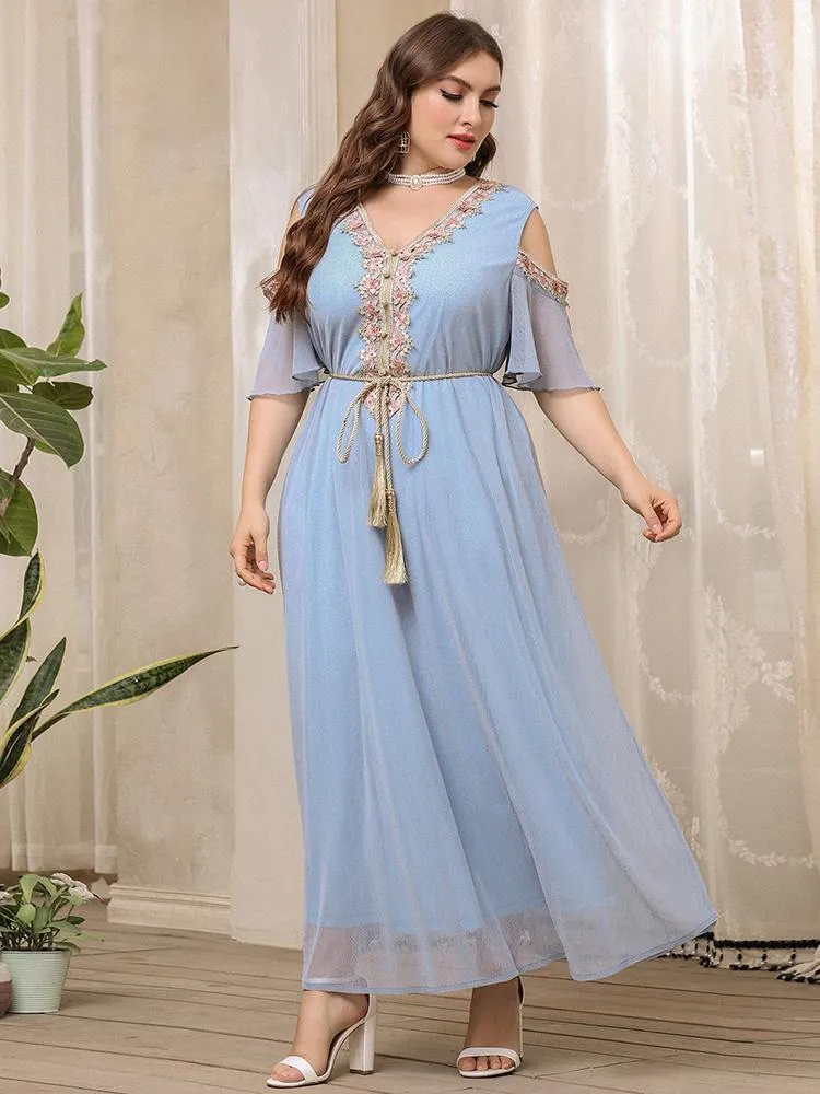 Plus size jurken toleen elegante vrouwen grote maxi 2022 zomer blauw gegolfd oversized lang moslim feest avondfestival kleding