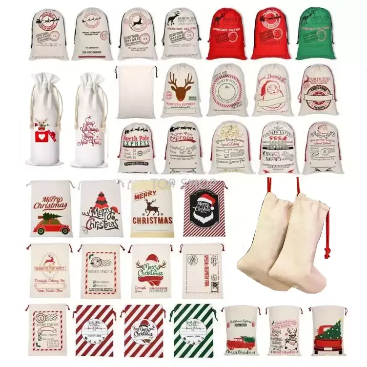 Ny 2023 Mix Style Christmas Santa Sacks presentpåsar stora ekologiska tunga duksäckar dragkastväska med renare Santa Party Claus Wholesale