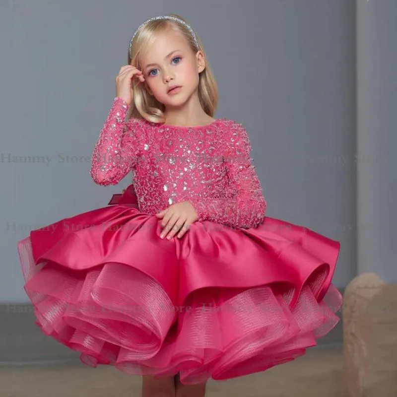 Girl's Dresses Fuchsia Glitter Flower Girl Dress Sparkling Long Sleeves Scoop Neck Ruffles Puff Birthday Party Gown Toddler Pageant