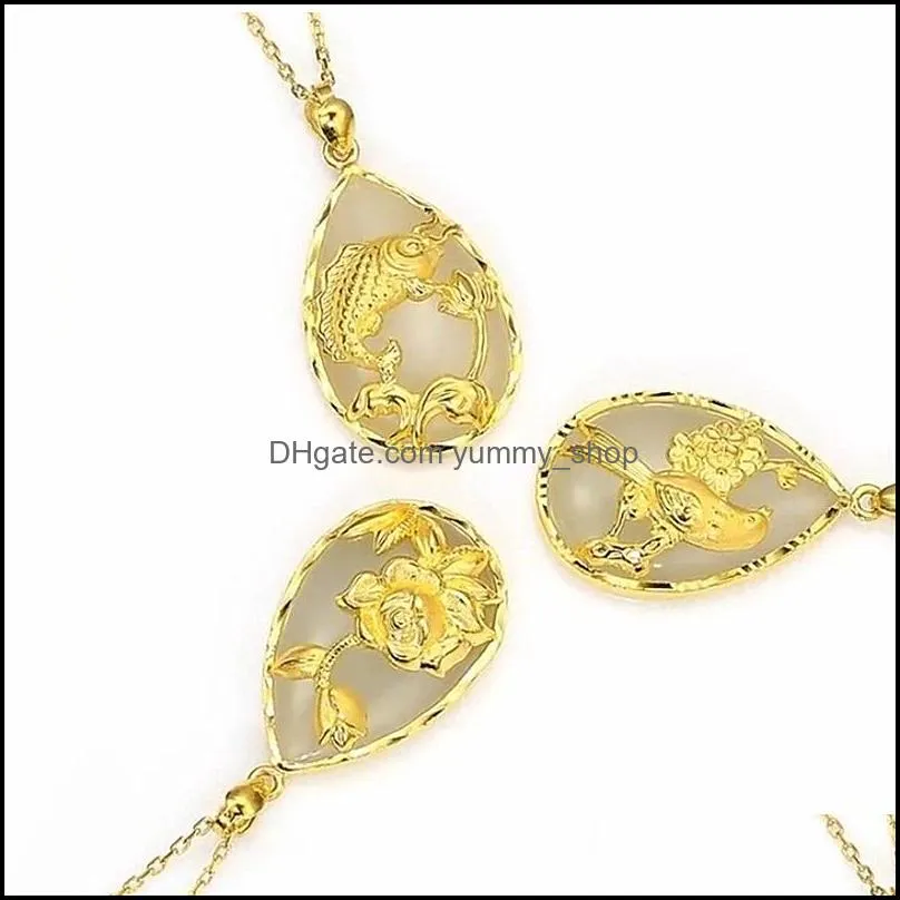 creative gold plated lotus hetian jade jasper pendant inlaid jasper inheritance fish magpie bird jasper pendant necklace