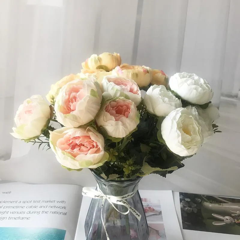 Декоративные цветы венки головы искусственная белая пиона чай роза осень шелковая фальшивая ваза для домашнего сада свадебное украшение