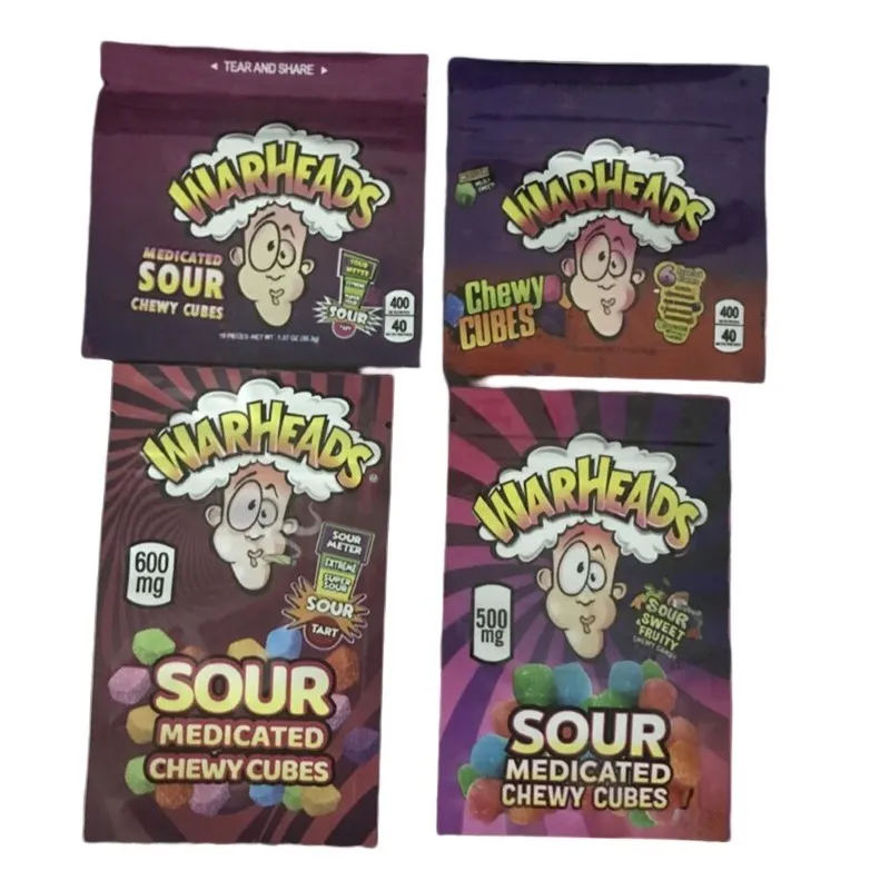 Medicated Warheads verpakkingszakken 400 mg Zure Chewy Cubes Edibles Mylar Bag 500mg Zoete fruitsmaak Gummy Candy Geur Proof Bag 600 mg Plastic Pakket Zaggie