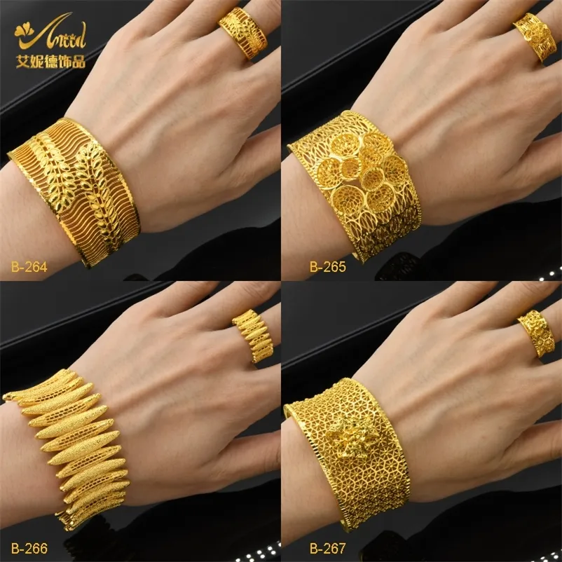 Aniid Dubai Fashion 24k Gold Plated Bangles With Ring Nigerian Wedding Bridal Luxury Charm Armband Arabiska smycken Bangle Gifts 220726