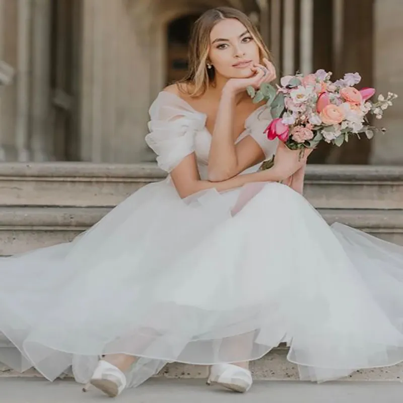 Sexy Tea Length Short Wedding Dress 2022 Off The Shoulder A Line