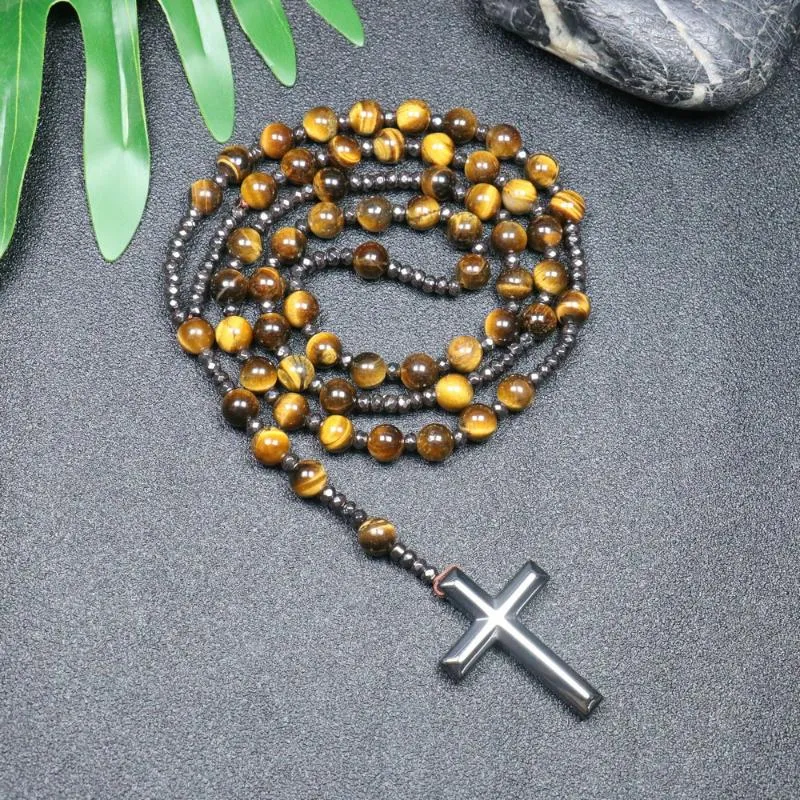 Pendant Necklaces Natural Tiger Eye Beaded Necklace For Women Men Catholic Christ Rosary Hematite Cross Male JewelryPendant