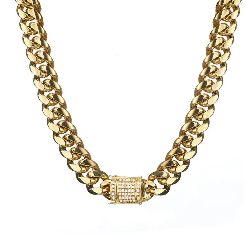 Cheap Stainless Steel Gold Chains CZ Fully Iced-Out Miami Cuban Link  Necklace 18-30 12mm