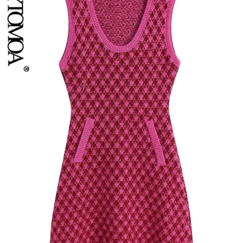 Kvinnor Fashion Front False Welt Pockets Knit Check Mini Dress Vintage O Neck Sleeveless Female Dresses Vestidos Mujer 220526