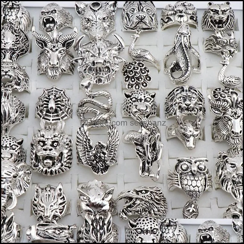 wholesale 20pcs band rings mix snake owl dragon wolf elephant tiger etc animal style antique vintage jewelry ring for men women