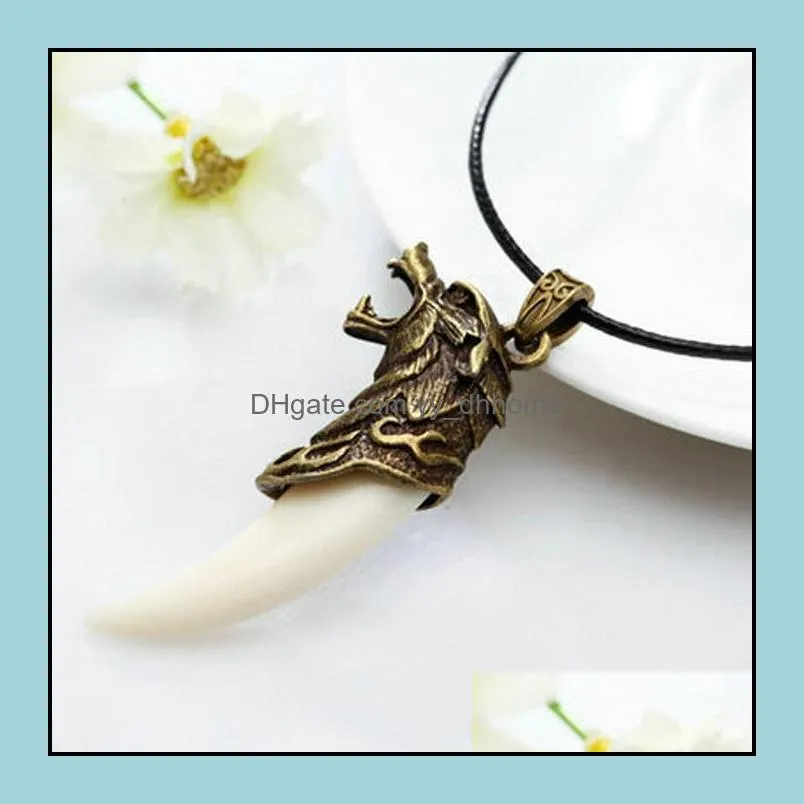 Wolf Tooth Men Necklace Fashion Resin Alloy Head Pendant Necklaces With Leather Rope Jewelry