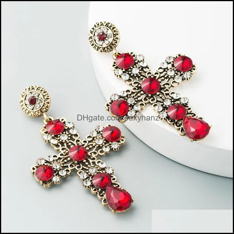 Baroque Vintage Champagne Crystal Cross Earrings for Women Girls Large Long Earrings Brincos Pendientes Fashion Jewelry