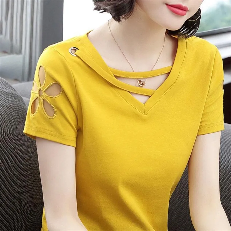 Coton Femmes T-shirts Tops Lady Casual Spring Summer Style à manches courtes O-Cou Patchwork Pull T-shirts Tops 210317