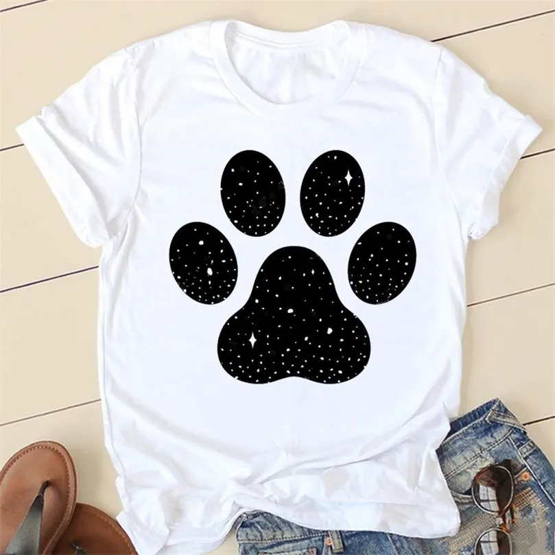 Mulheres estrelas cão pata de tshirts engraçados roupas de moda de moda de manga curta roupas de desenho animado malha verão tee feminina tshirt 220527