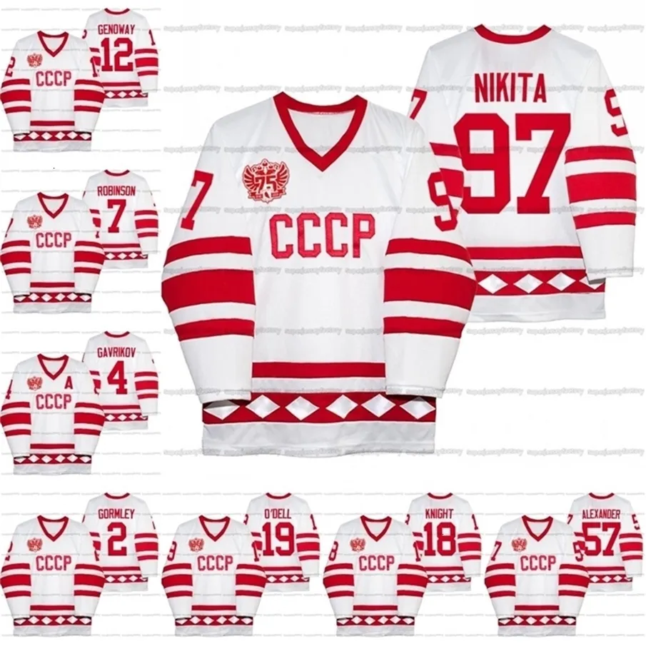 VIPCEOA3740 Ryssland Hockey Classic CCCP White 75 -årsjubileum Jersey 97 Gusev Nikita 57 Nikishin Alexander 19 Eric O'Dell 18 Corban Knight 4 Gavrikov 12