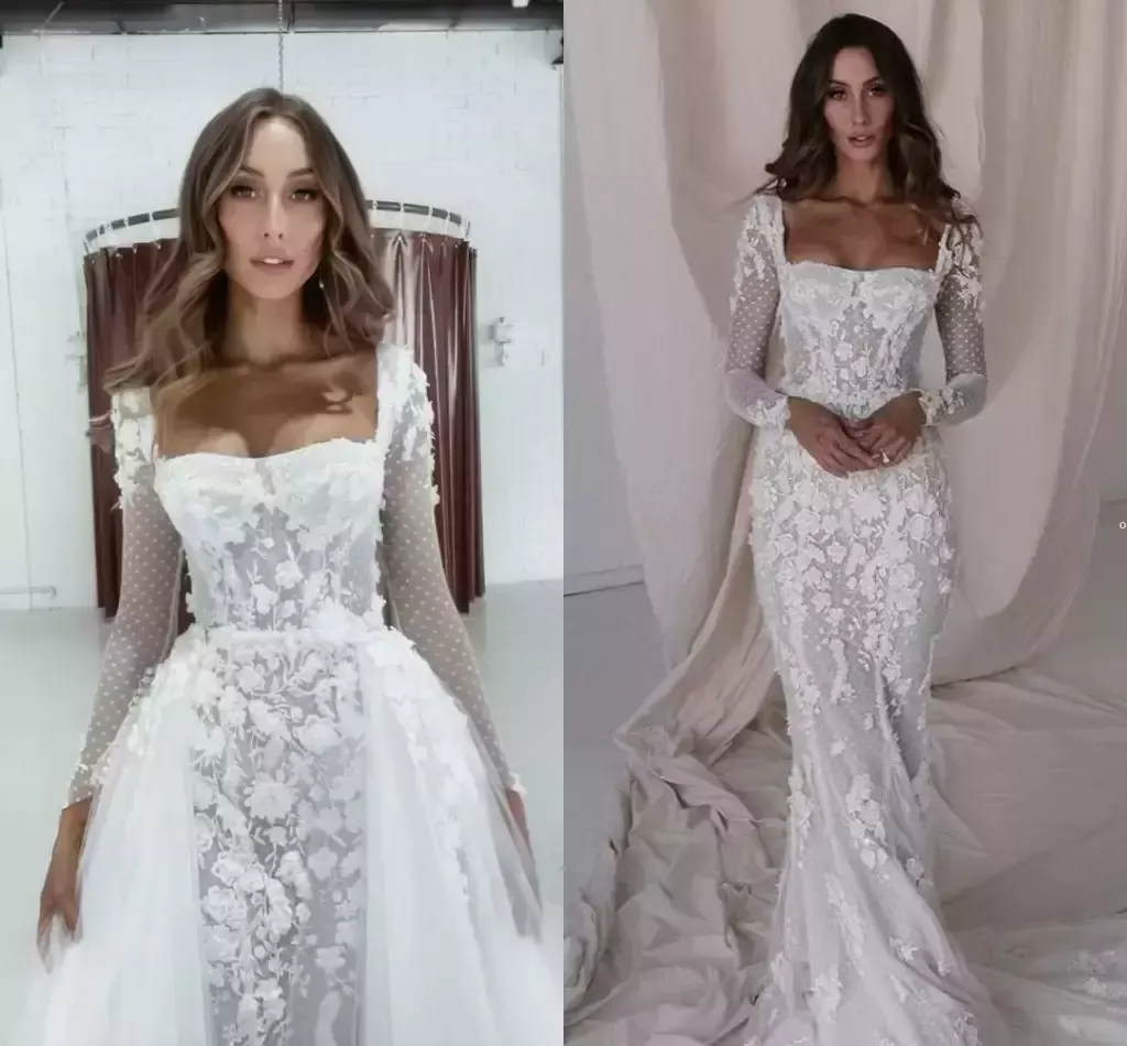 Abiti da sposa da spiaggia a sirena con strascico staccabile 2022 Abiti da sposa a tromba in pizzo floreale a maniche lunghe con scollo quadrato 2022