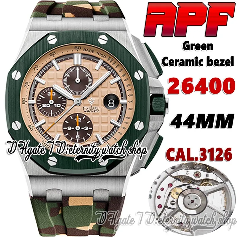 APFF 26400Z Cal.3126 ARF3126 Kronograf Otomatik Erkekler İzle Çelik Kılıf Yeşil Seramik Çerçeve Bej Doku Dial Kamuflaj Kauçuk Kayış Sonsuzluk Durak Kılavuzu Saatler