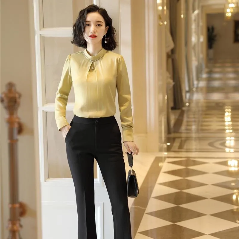 Women's Blouses & Shirts Fashion Women & Long Sleeve Work Wear Clothes Office Ladies 2 Piece Pant And Top Sets YellowWomen's