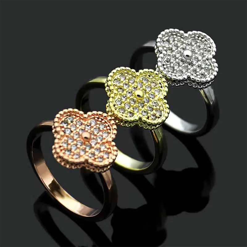 Luxury Full Diamond Crystal Ring For Women High Quality Stainless Steel Classic Clover Jewelry Designer Ring