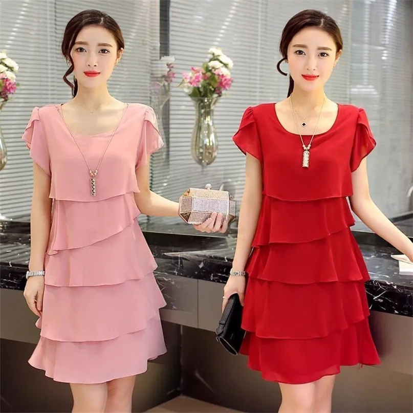 Korean Fashion Elegant Chiffon Woman Dress Plus Size 5XL Slim Summer Women's Ruffles Tiered es Vestidos Casual 220426
