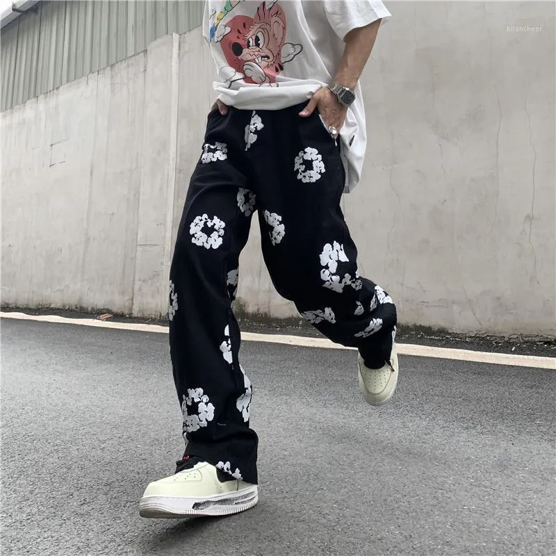 Männer Jeans Stil Patchwork Casual Blumendruck Mens Vibe Gerade Hosen Harajuku Zerrissene Oversize Denim Hosen Streetwear