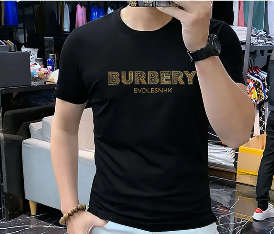 Camiseta masculina fina de manga curta verão nova camisa de gola redonda de meia manga bonita camisa masculina hot drill letter maré