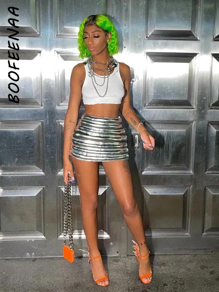 BOOFEENAA Shiny Silver Metallic Puffer Skirt Y2K Street Style