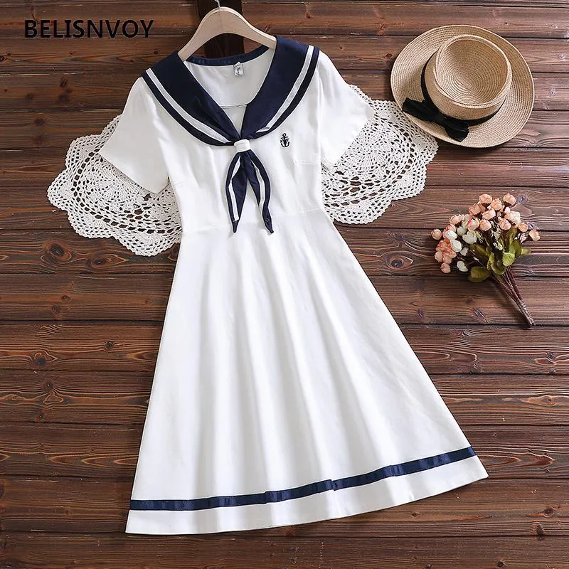 Party Dresses 2022 Summer Cute Sweet Girls Vestidos Women Collage Short Sleeve Sailor Collar With Bow Tie Japanese Style Retro Navy Blue Dre
