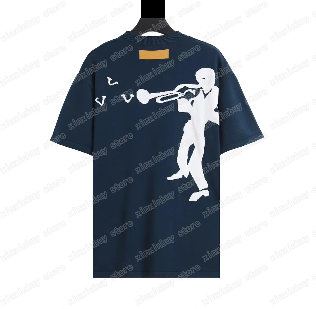 22SS Männer Designer T-Shirts Gestrickte T-Shirts Trompeter Brief Drucken Kurzarm Mann Rundhalsausschnitt Paris Streetwear Blau Xinxinbuy XS-L