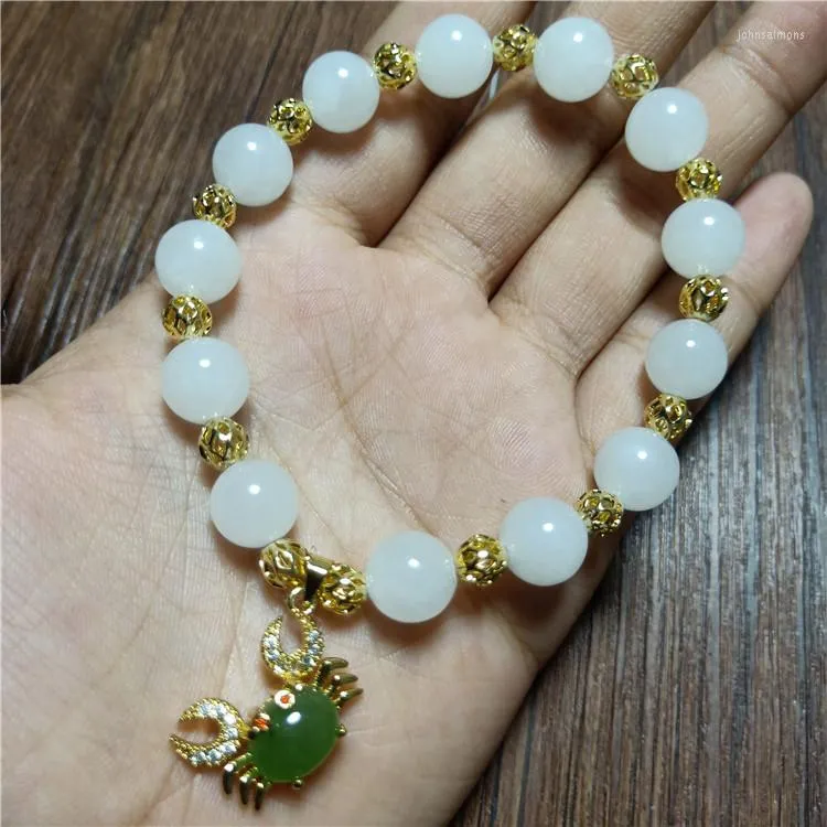 Pendentif Colliers Charmant Hetian Jade Blanc Bracelet de perles rondes avec pendentif de crabe de jaspePendentif